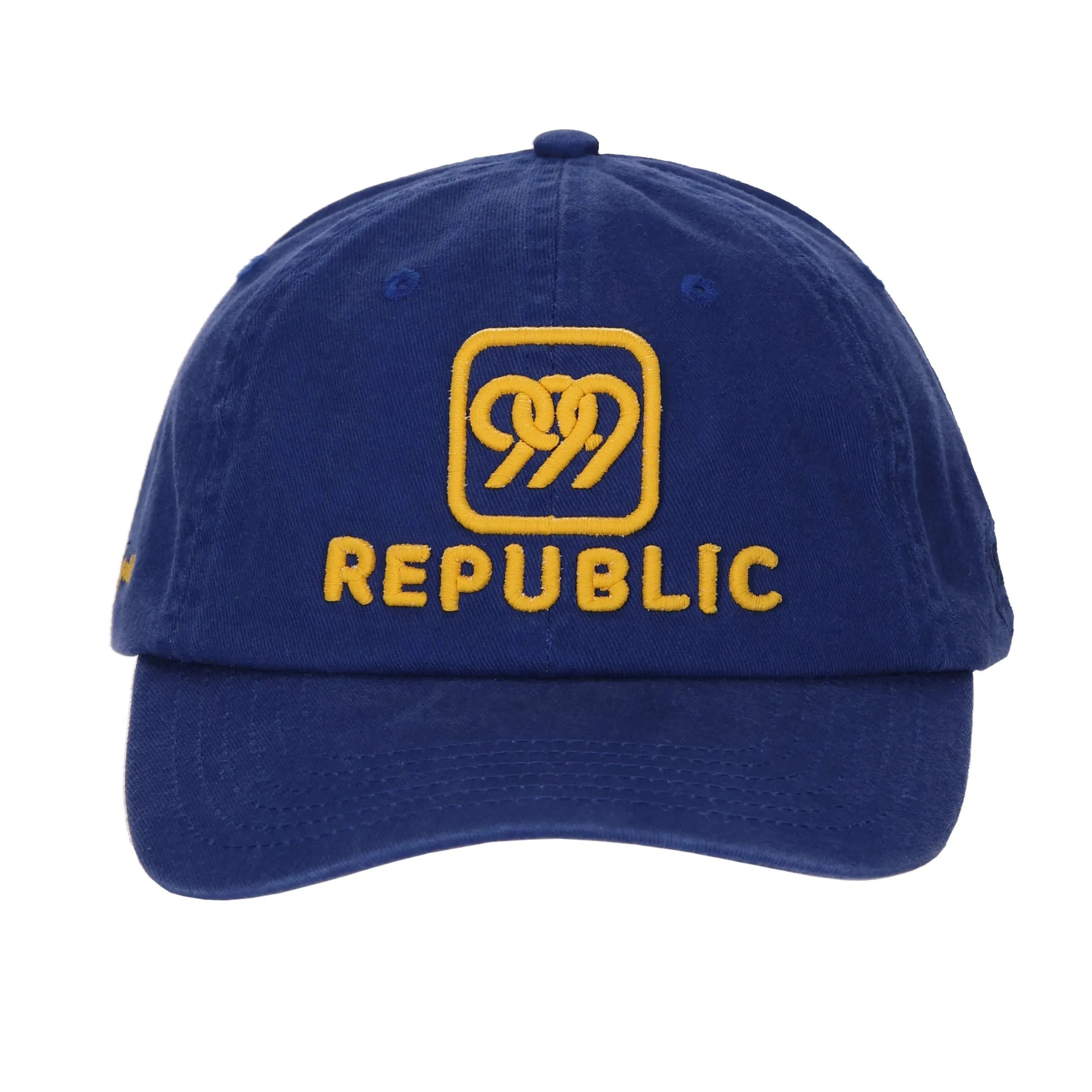 999Republic logo embroidered with gold matt finish thread on a Blue coloured Dad cap