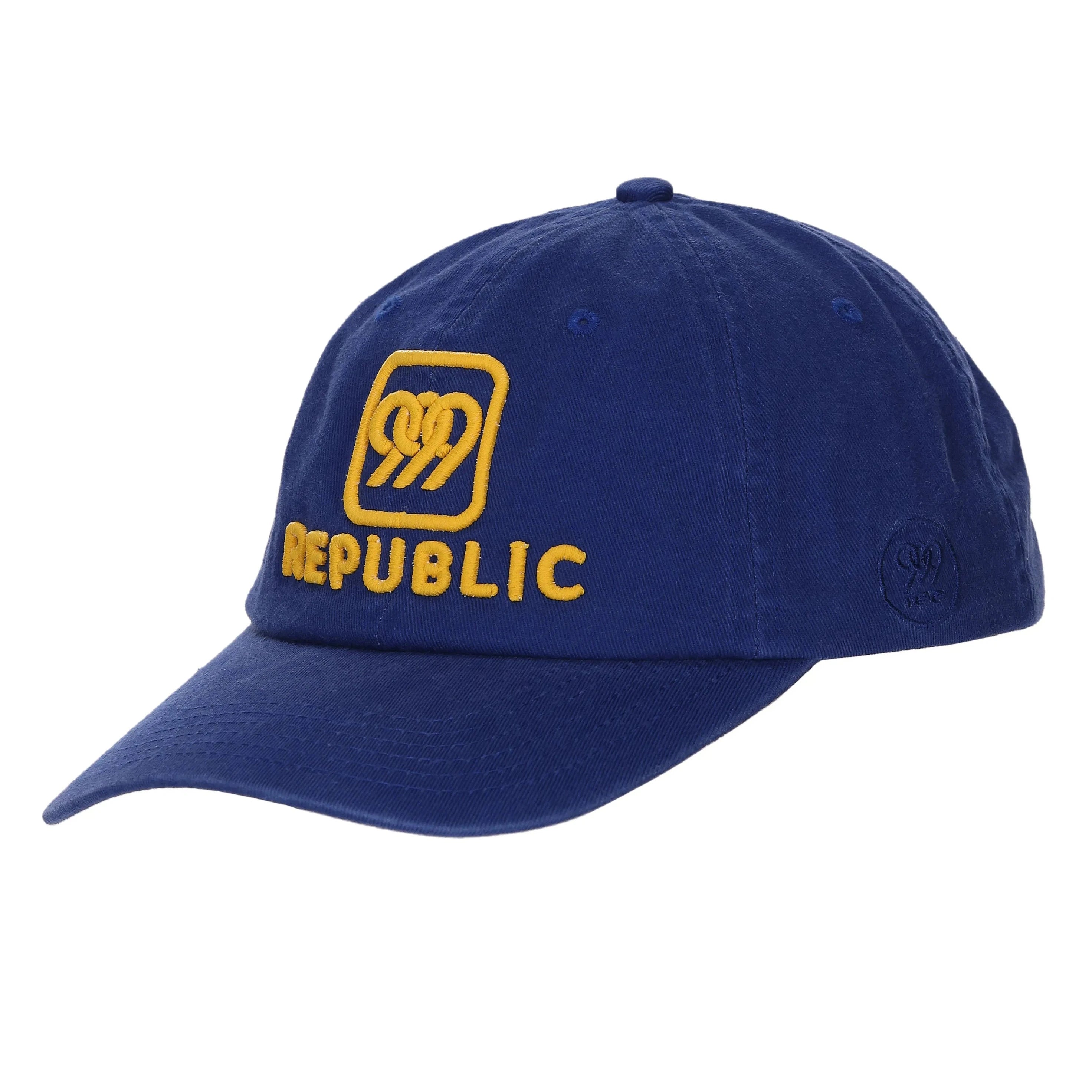 999Republic logo embroidered with gold matt finish thread on a Blue coloured Dad cap