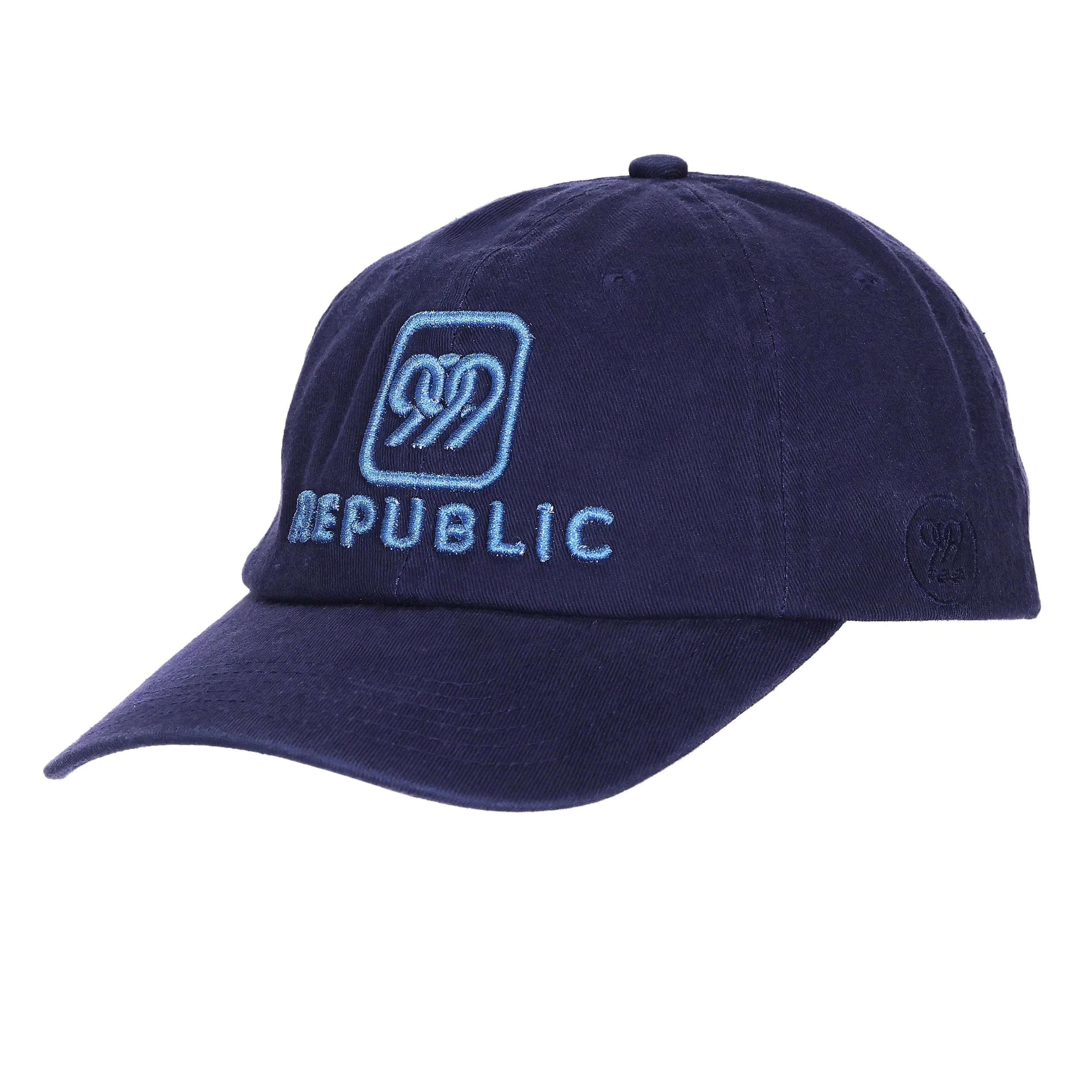 999Republic logo embroidered with Blue Metallic Thread on a Navy coloured Dad cap.